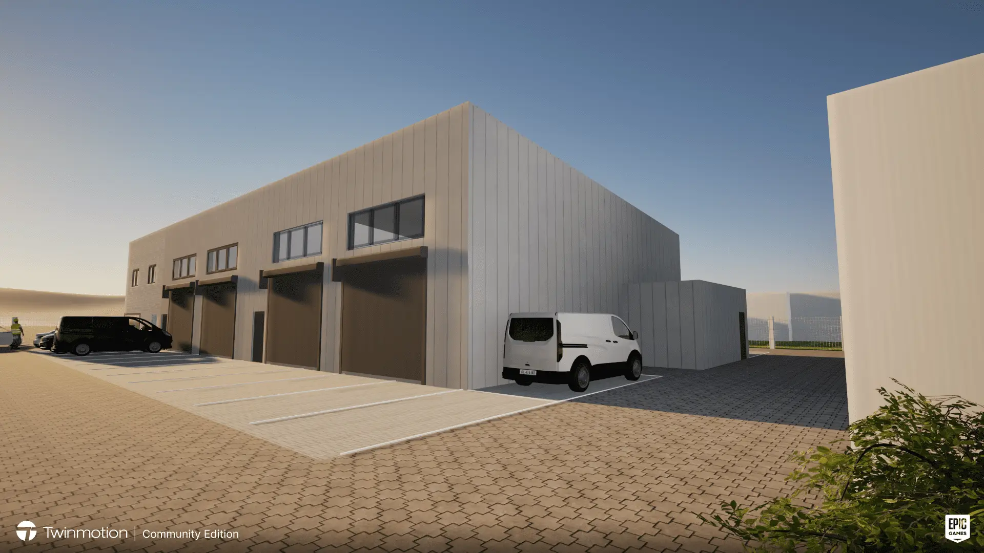 Moderne Gewerbehalle mit Rolltoren und Zufahrt in Rendsburg Büdelsdorf Schleswig-Holstein als 3D Visualisierung