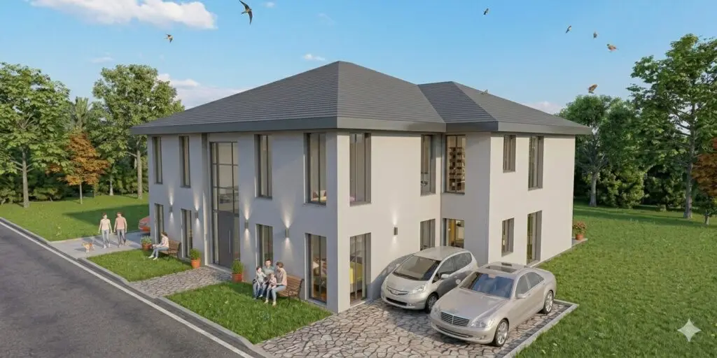 Modernes Zweifamilienhaus mit Walmdach, Stellplätzen und Garten als fotorealistische 3D Visualisierung