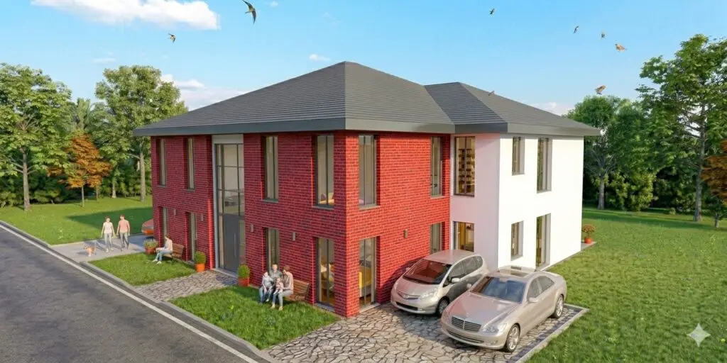Modernes zweigeschossiges Einfamilienhaus mit Satteldach als 3D Architekturvisualisierung
