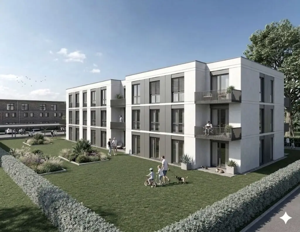 Modernes Mehrfamilienhaus mit Balkonen und großer Grünanlage als fotorealistische 3D Visualisierung